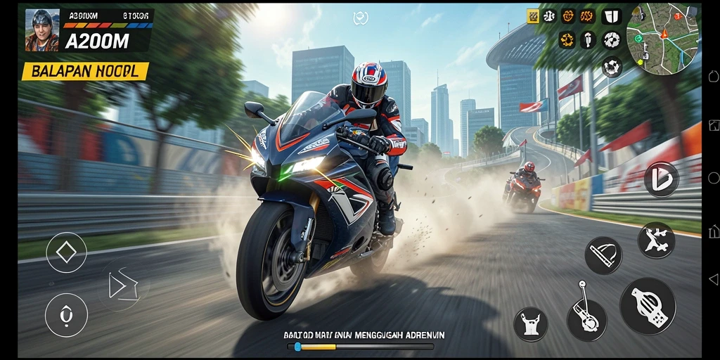 Screen utama A200M menampilkan aksi balapan motor yang mendebarkan.