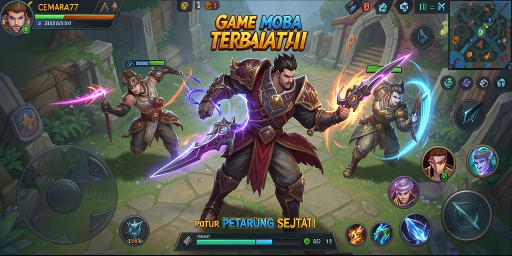 Tampilan pertarungan seru dalam gameplay MOBA CEMARA77.