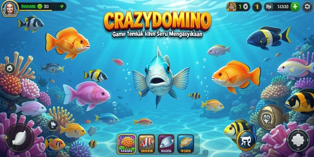 Tangkapan layar menunjukkan gameplay seru dari CRAZYDOMINO saat menembak ikan.
