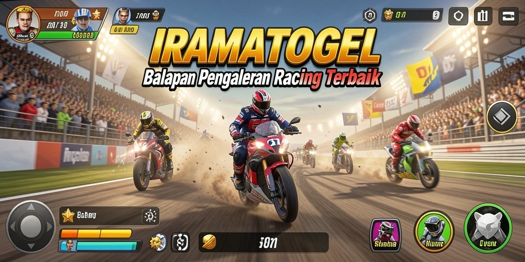 Screenshot gameplay IRAMATOGEL menunjukkan aksi balapan seru di trek yang menantang.