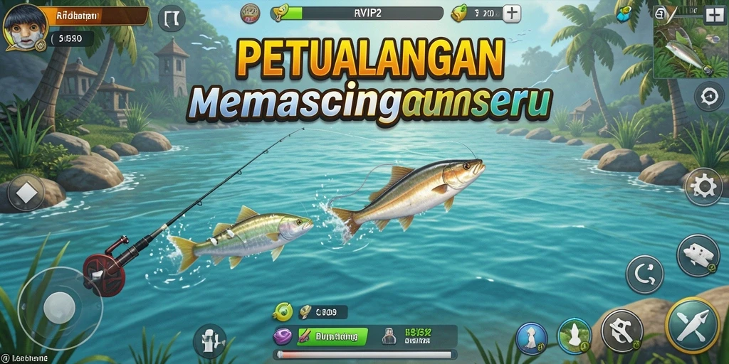 Screenshot gameplay RVIP2 menunjukkan momen mendebarkan saat menangkap ikan.